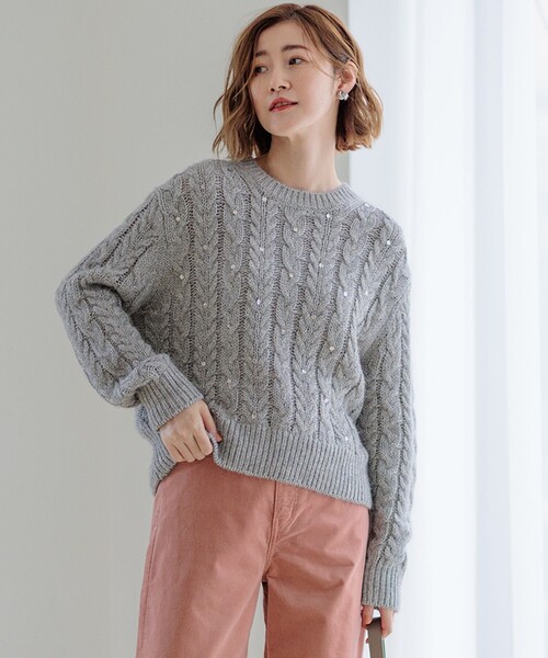 ニット セーター 「洗える」ルレックスケーブル スパンコール
