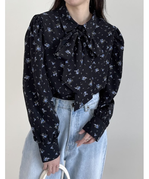 BAGUTTA 長袖シャツ ネイビー 花柄　結婚式 オケージョン 柄シャツ Re:EDIT（リエディ） ブラウス シャツ 「オケージョン セレモニー