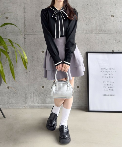 CLEAR BASIC ニット セーター 配色ボウタイニットトップス「オフィス