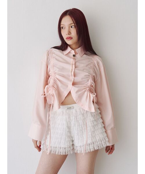 ブラウス シャツ シャツカラーギャザーリボンカットソー レディース La boutique BonBon｜【ホワイト復刻!新色登場】ギャザーフリル