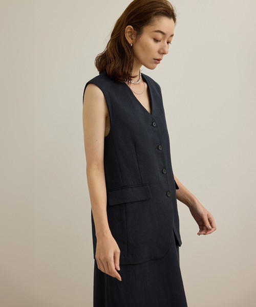 【ネイビー（40）】尾州リネンオーバーロングジレ ROPE'（ロペ） ベスト ジレ 尾州リネンオーバーロングジレ レディース