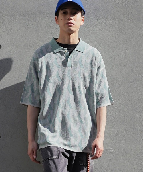 Casablanca幾何学模様ポロシャツ 黒と白ニットジャカードモノグラム B:MING by BEAMS（ビーミング by ビームス）幾何学柄 ジャカード