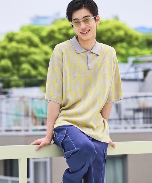 GREYSON 幾何学模様ポロシャツ Sサイズ niko and… ポロシャツ ジャカード幾何学ポロシャツ メンズ