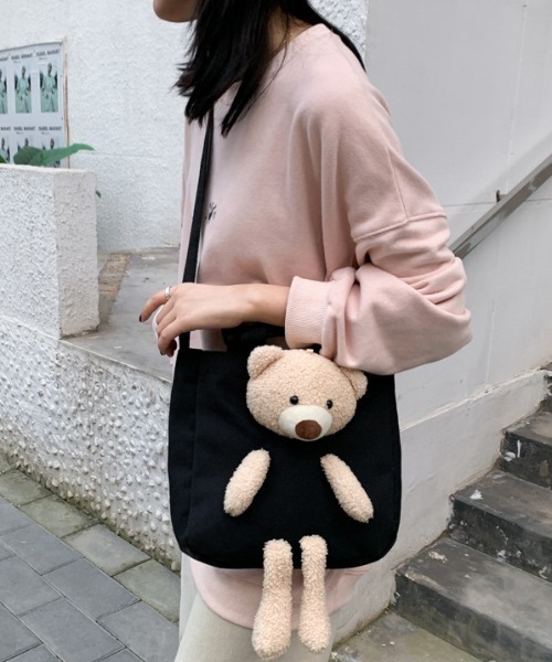 くまさん　レディース　BLK M トートバッグ くまさんぬいぐるみ付き2WAYショルダーミニトートバッグ