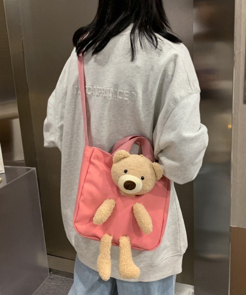 クマのぬいぐるみ付きトートバッグ ピンク　グニフニ トートバッグ くまさんぬいぐるみ付き2WAYショルダーミニトートバッグ