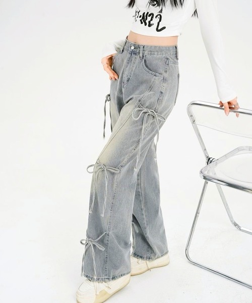 CANVAS+ ジーンズ デニム デニムパンツ 「CANVAS+」サイド3リボン