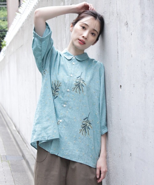 ブラウス シャツ 先染めシャンブレー　ミモザ＆ドット刺繍コクーンスリーブブラウス レディース