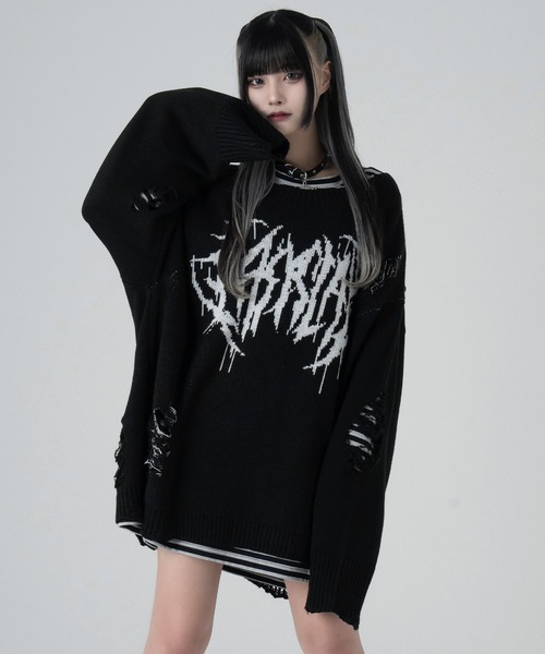 LAZYSLAY ニット セーター メタルロゴダメージニット レディース