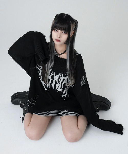 LAZYSLAY メタルロゴダメージニット LAZYSLAY ニット セーター メタルロゴダメージニット レディース