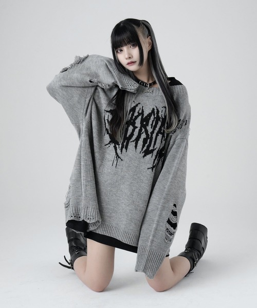 LAZYSLAY ニット セーター メタルロゴダメージニット レディース