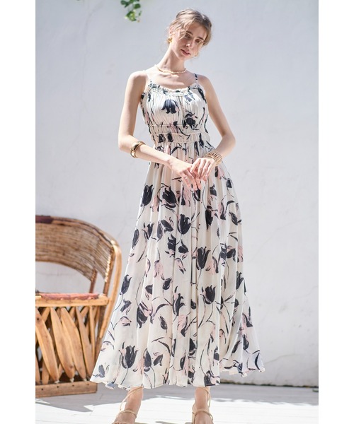 Estella.K ワンピース Julia Satin print Long Dress シャーリング