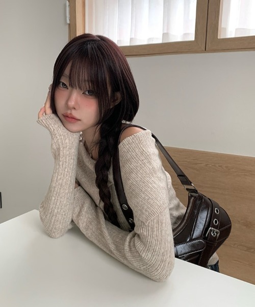 anyonemore ニット セーター リボンワンオフショルダーリブニット