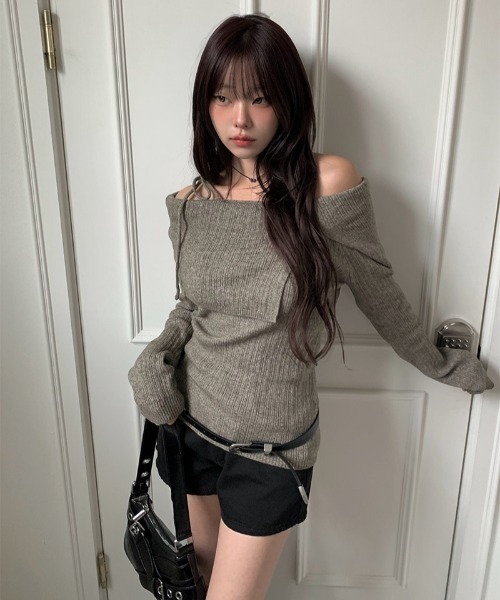 anyonemore ニット セーター リボンワンオフショルダーリブニット