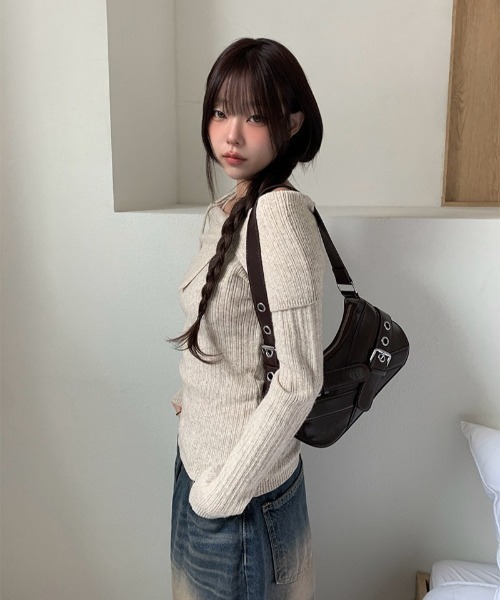 anyonemore ニット セーター リボンワンオフショルダーリブニット