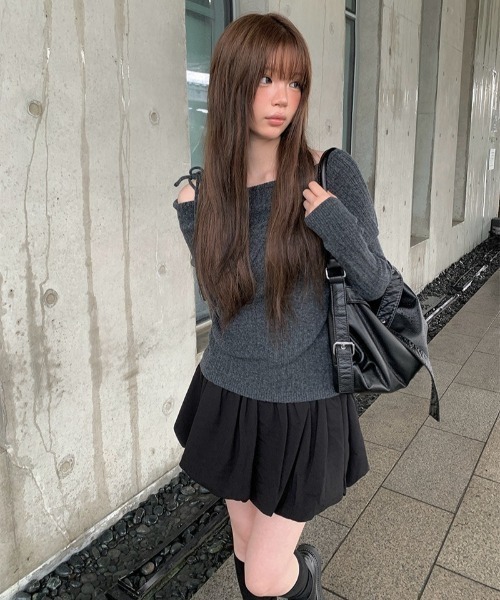 anyonemore ニット セーター リボンワンオフショルダーリブニット