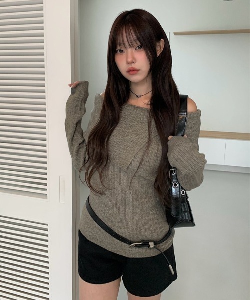 anyonemore ニット セーター リボンワンオフショルダーリブニット