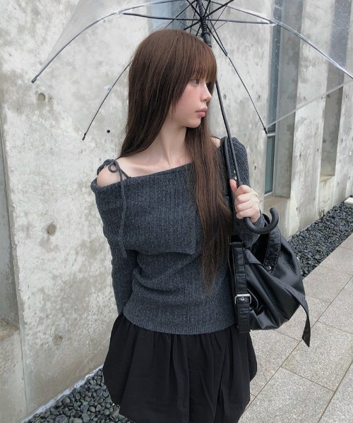 anyonemore ニット セーター リボンワンオフショルダーリブニット