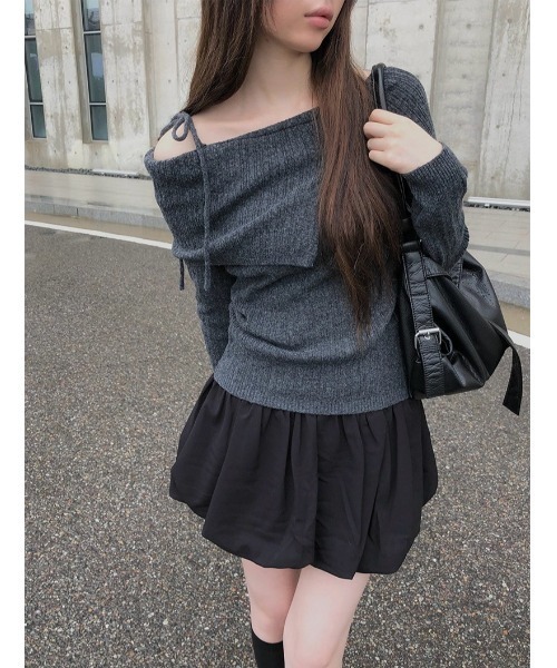 anyonemore ニット セーター リボンワンオフショルダーリブニット