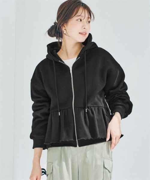 ボーダーズアットバルコニー　ペプラムジップパーカー　Aライン　スエット　黒 ボーダーズアットバルコニー ペプラムジップパーカー Aライン