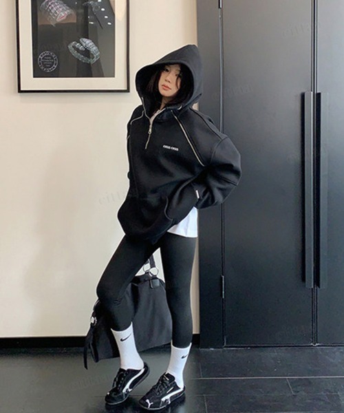 残僅 ヨンファ愛用 ヨンファYOUR CITY パーカー フーディ 黒 XL Dalfwin（ダールフィン） パーカー 韓国ファッションOISISファスナー