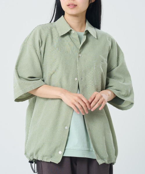 ROUGH TRADE シャツ 半袖 シアサッカーチェック ドローコード付き