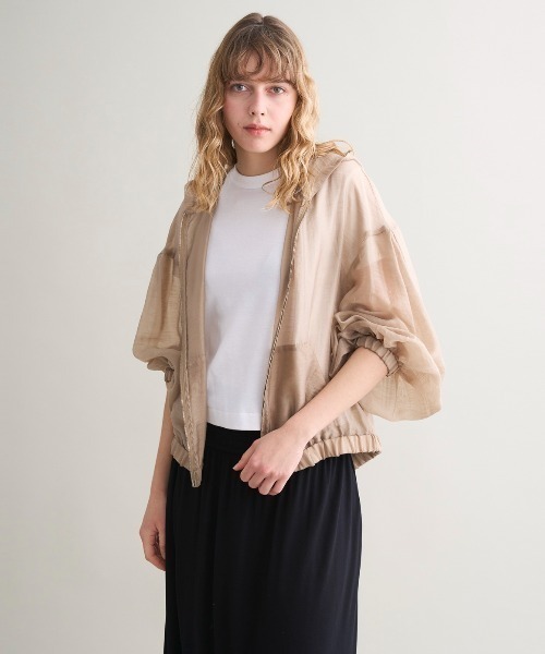 three dots シャイニーシャツジップアップフーディ ベージュ S three dots（スリー ドッツ） パーカー Shiny shirt zip up hoody