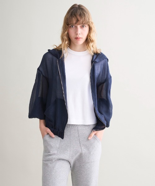 three dots シャイニーシャツ ジップアップフーディ three dots（スリー ドッツ） パーカー シャイニー シャツジップアップ