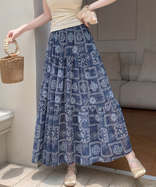 新品 CHONO Blanche Long skirt 星柄 ロングスカート M 2ly2 ロング スカート ボヘミアン柄 ティアードロングスカート
