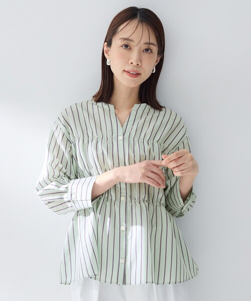 ブラウス シャツ ストライプシャーリングブラウス レディースの画像