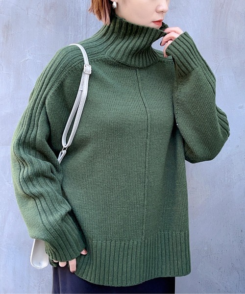 【未使用】PLEATSPLEASE朱色•黄緑タートルネックトップスぴょん タートルネックゆるニット レディース トップス セーター