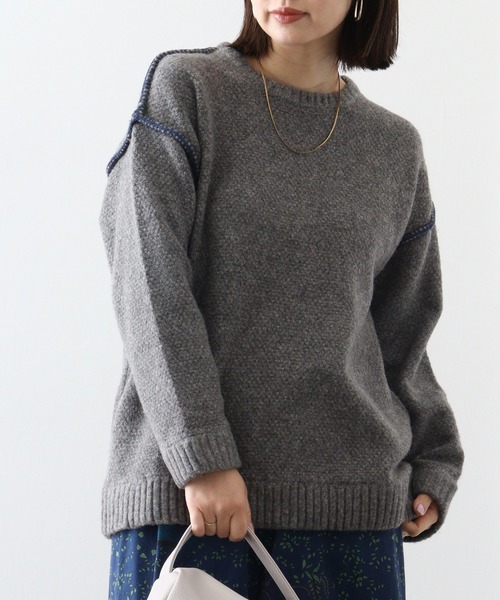 ニット セーター EMAGO 配色ステッチニットプルオーバー レディース Emago ニット セーター EMAGO 配色ステッチニットプルオーバー