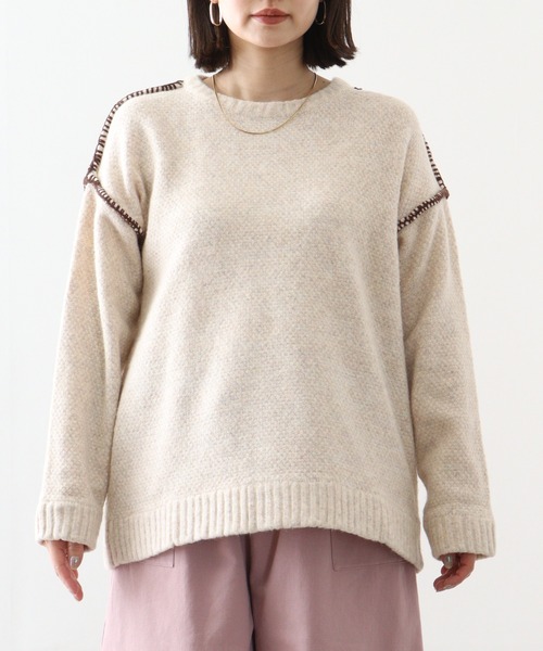 ニット セーター EMAGO 配色ステッチニットプルオーバー レディース Emago ニット セーター EMAGO 配色ステッチニットプルオーバー