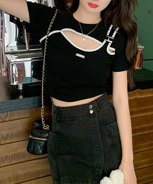 最終値下げ 美品 今期 1027 短丈 カットソー Tシャツ GLAMOROUS JANE tシャツ 胸元カットアウト配色バインダー