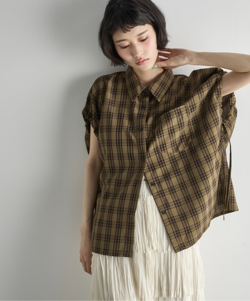 ブラウス シャツ フレンチスリーブチェックシャツ レディース studio CLIP ブラウス シャツ フレンチスリーブチェックギャザー