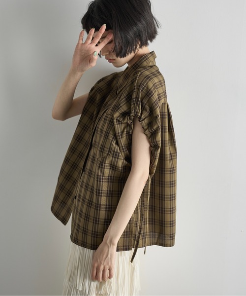 THE Yon ブラウス シャツ ドロストカフフレンチスリーブチェックシャツ