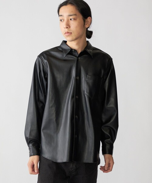  合成皮革 クロップトップ 黒 28サイズ SHIPS（シップス） シャツ BENCH MARKING SHIRT: レギュラーカラー
