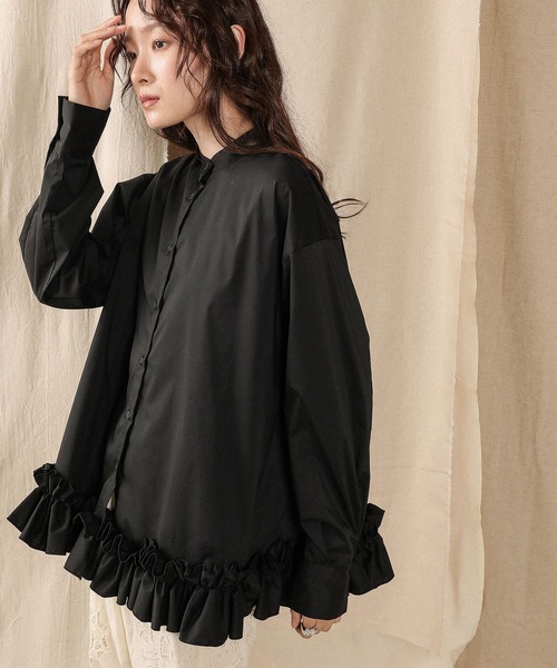 en CAnAF ブラウス シャツ ブロード裾 フリル ブラウス バンドカラー