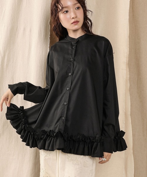 en CAnAF ブラウス シャツ ブロード裾 フリル ブラウス バンドカラー