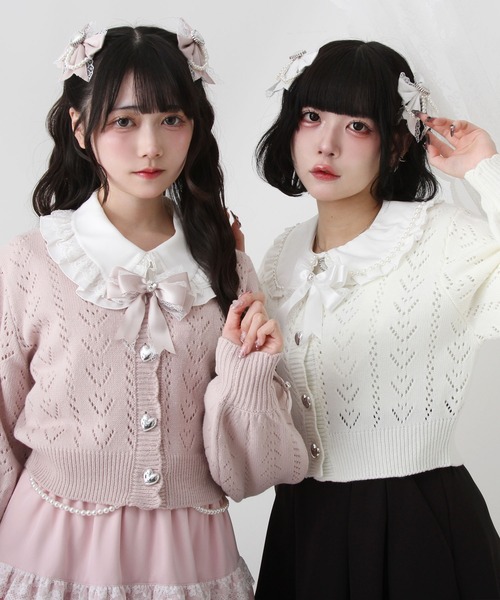 カーディガン キラキラハート編み柄ショートカーディガン レディース