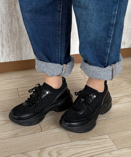 ブラックウェッジソールスニーカー kitson（キットソン） スニーカー 厚底 ウェッジソール 軽量 レース