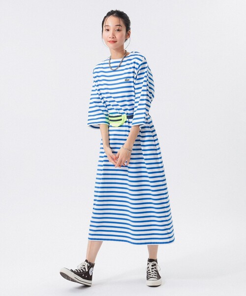 LACOSTE バンドカラー ワンピース 36 セール】ストライプ マキシ丈 バンドカラーシャツドレス（シャツ