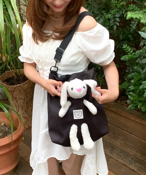 ꪔ̤̮ うさぎꪔ̤̮　ハート刺繍のヌビトートバッグ　ブラック×ホワイト ✱受注制作✱ヌビバッグ Lサイズ/ヌビトートバッグ/ ランチ