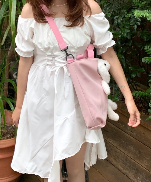 葉*月様 コヤンイサムチョン♡うさぎ着ぐるみルミちゃんのいちごフリルトートバッグ pyornim トートバッグ うさぎぬいぐるみ付きショルダートート