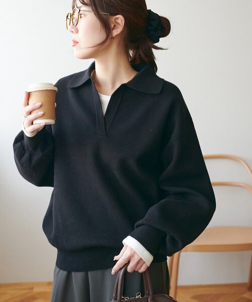 【限定展開】 ジャージ ブラック　 ニットトップス　短丈　秋服 Discoat（ディスコート） ニット セーター スウェットライクスキッパー