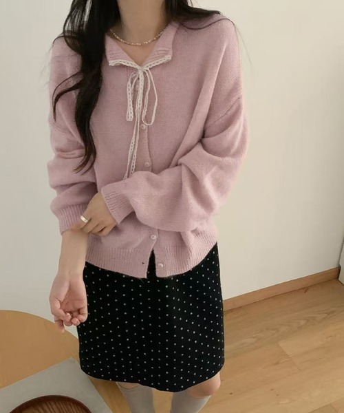 YANYAN カラフルリボン カーディガン ニット YanYan（ヤンヤン）の「CHECKED COLLARED XL SLV CARDIGAN