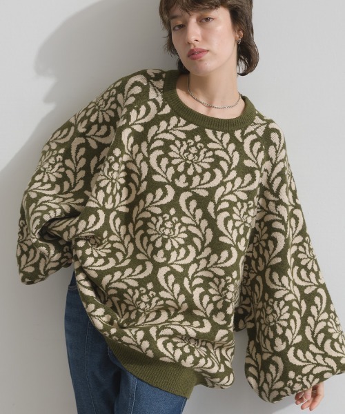 en haut（アンオート） ニット セーター ジャカード編み ダマスク柄