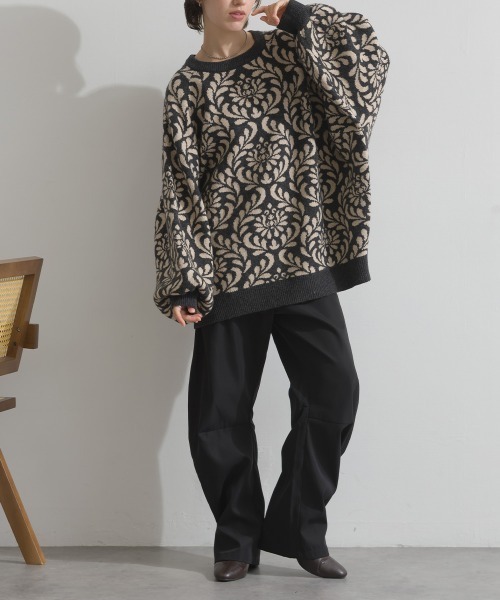 en haut（アンオート） ニット セーター ジャカード編み ダマスク柄