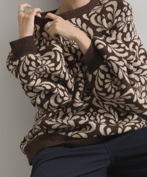 en haut（アンオート） ニット セーター ジャカード編み ダマスク柄