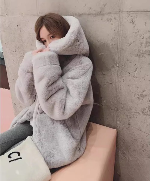 semuse コート アウター フェイクファーフードコート レディース