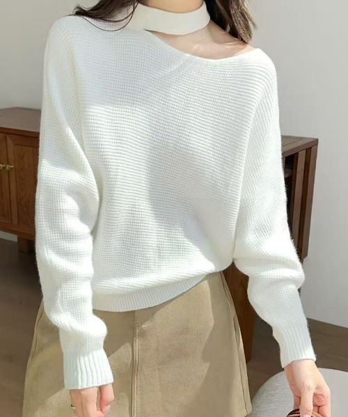 ワッフル ニット セーター コットン 白 ざっくり リブ ロング ふんわり 綿 HUG.U（ハグユー） ニット ワッフル プルオーバー レディース トップス